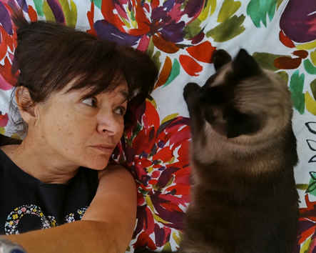 sitter with burmese cat