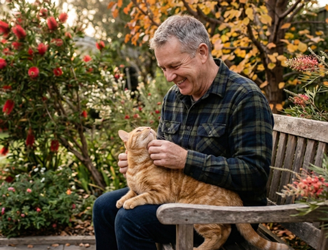 Pet Sitter with loving Ginger Cat in the garden